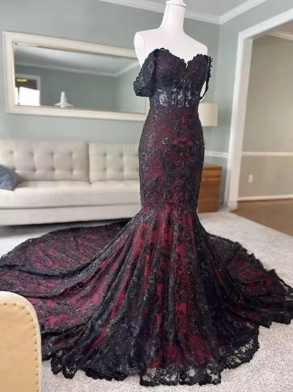 Robe de mariée gothique classique noire et rouge, vintage, en dentelle, avec appliques, sexy, plissée, à volants, cape détachable, pour occasions spéciales, personnalisée