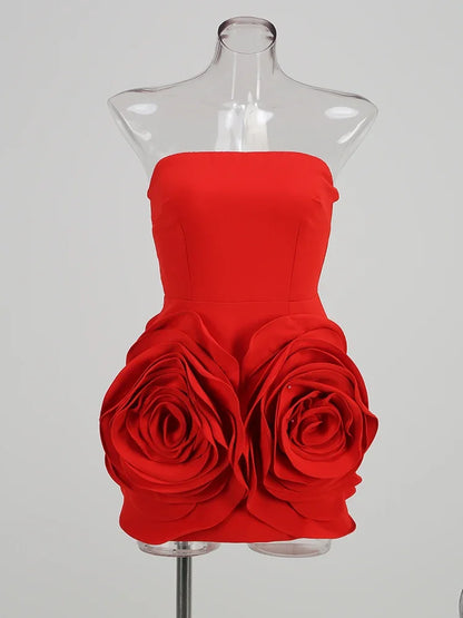 Robe de soirée sexy sans bretelles à grandes fleurs 3D, rouge, pour anniversaire, élégante, tenue de bal, tenue de soirée tendance pour l'été