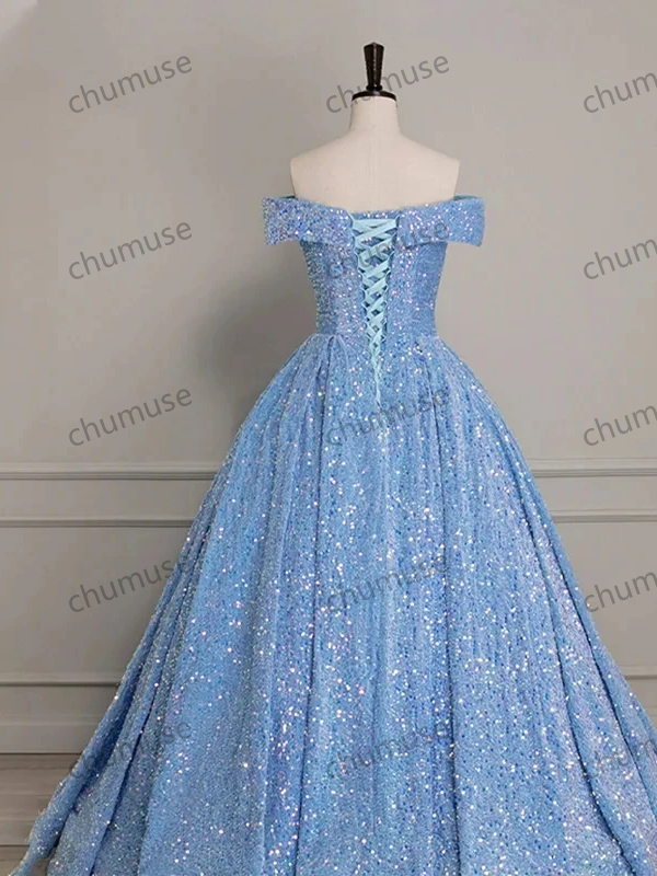 Vestido de noche personalizado de manga corta con lentejuelas, vestido de fiesta, cuello barco, con cordones, largo hasta el suelo, azul cielo, vestidos formales de fiesta para mujer