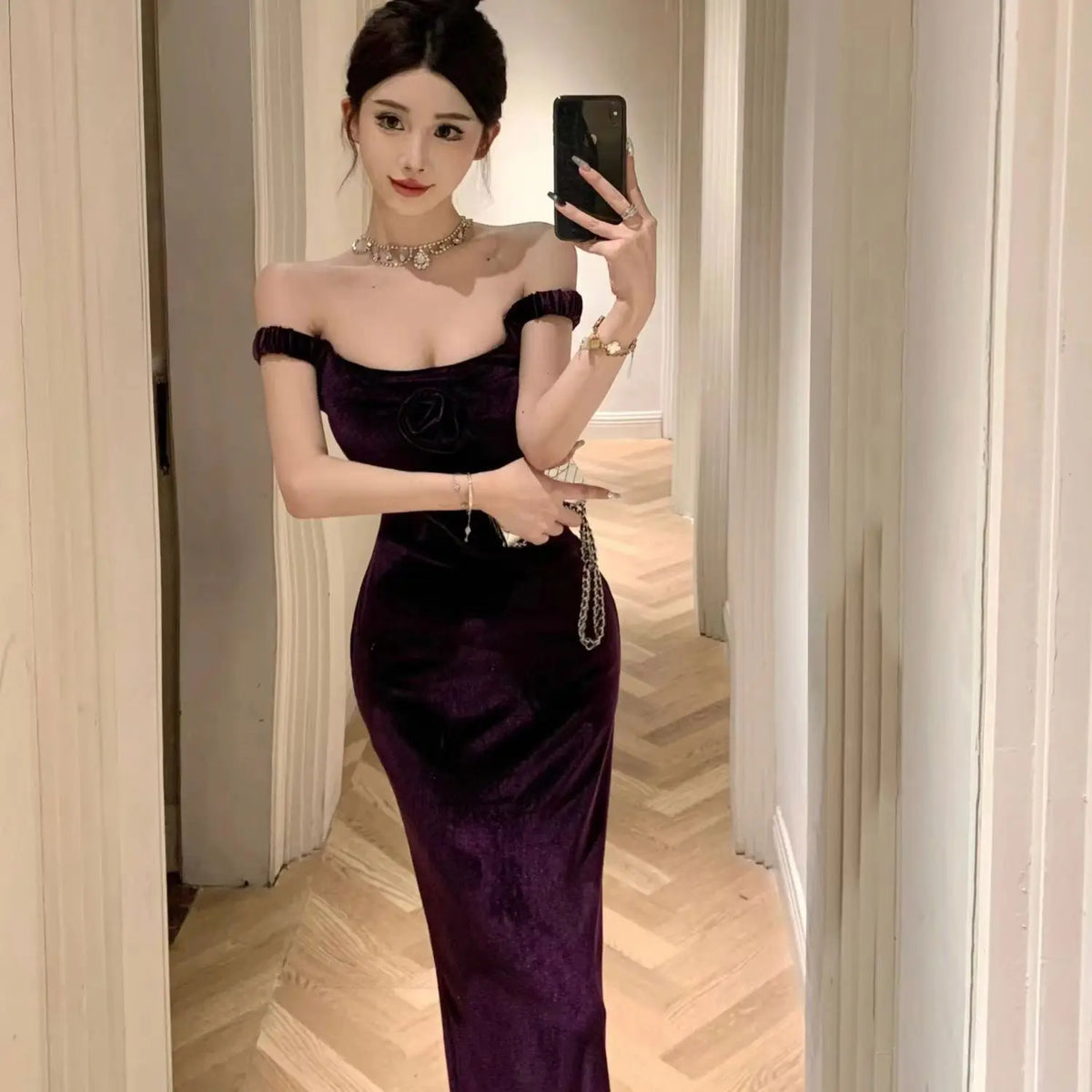 Robe longue une pièce en velours sans manches, robe violette élégante pour femme, robe de soirée longue