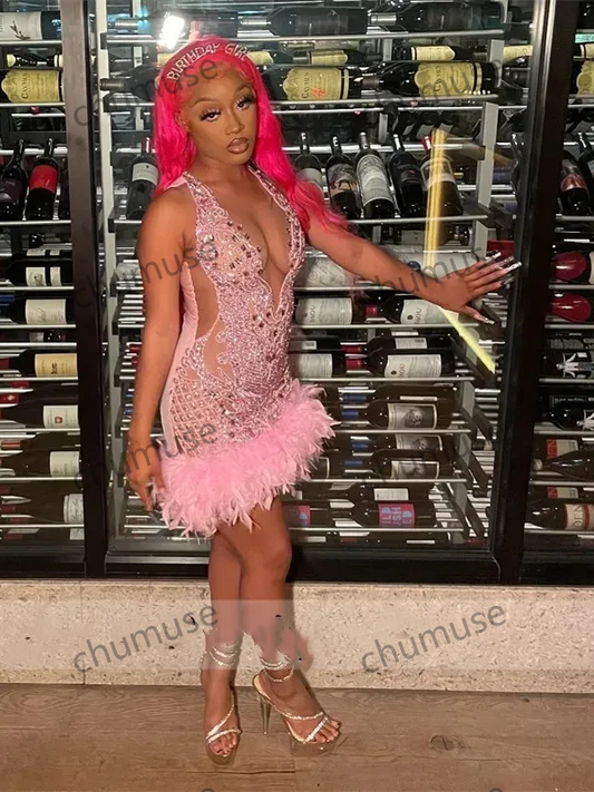 Vestido de baile de diamantes rosa luxuoso com contas brilhantes, cristal, strass, penas, aniversário