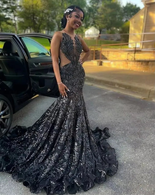 Vestido de fiesta largo de sirena negro brillante con apliques de lentejuelas de cristal y malla transparente, vestido de noche de cumpleaños personalizado 2025