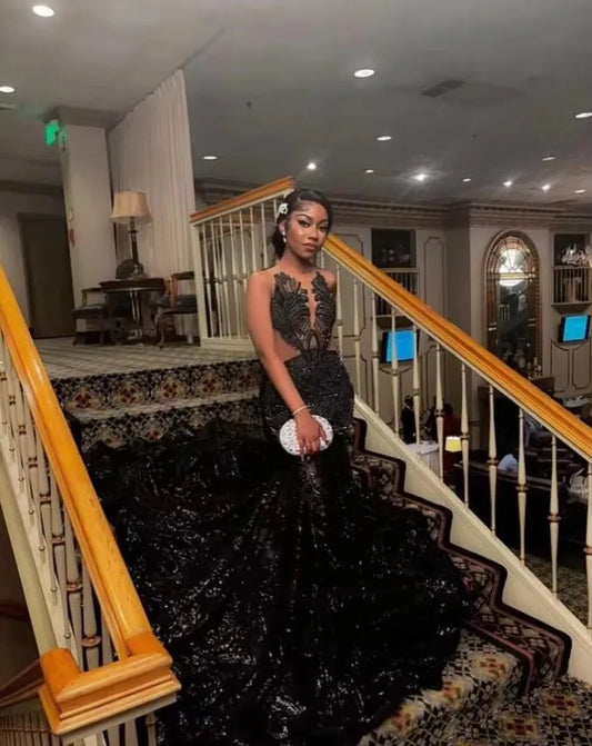 Vestido de fiesta largo de sirena negro brillante con apliques de lentejuelas de cristal y malla transparente, vestido de noche de cumpleaños personalizado 2025