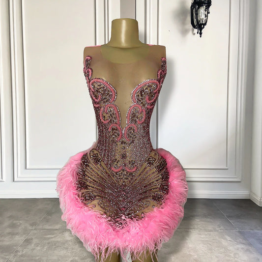 Vestidos de festa de aniversário curtos, luxuosos, transparentes, com brilhantes diamantes, rosa, penas, pretos, para meninas 