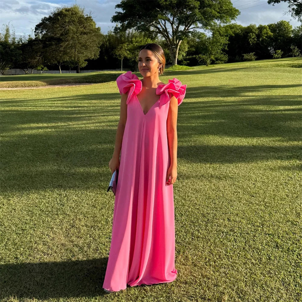 V-Neck Column Prom Dresses 2025 Flower Shoulder Hot Pink Evening Dresses Elegant Floor-Length Customized Party Dresses