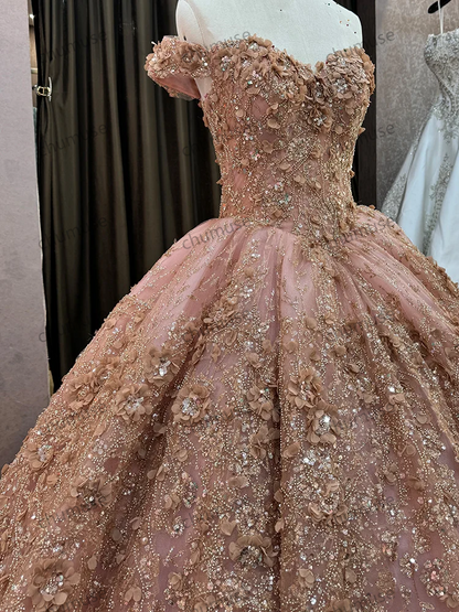 new design Flowers Pink Off Shoulder Ball Gown Embroidery Wedding Evening Dresses
