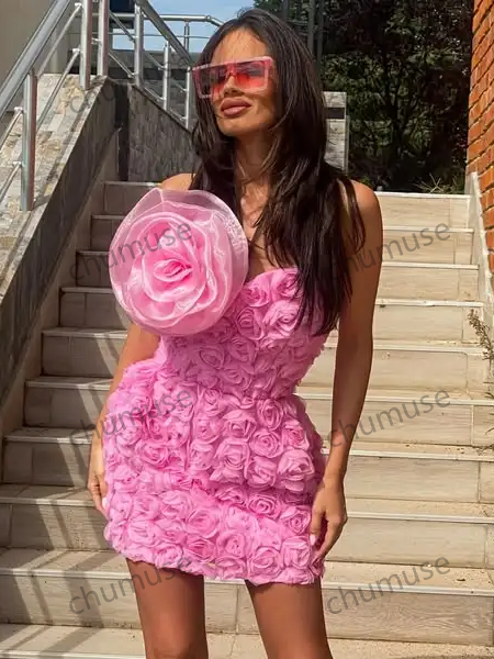 Lindos vestidos curtos florais rosa para mulheres, para festas de fim de ano, feitos à mão, com flores 3D, vestido longo curto feminino