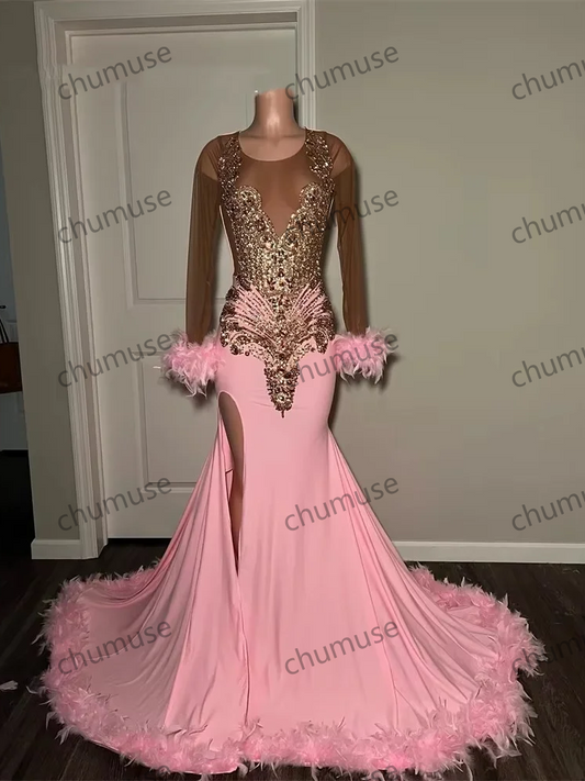 Vestidos longos de baile rosa com decote redondo para meninas negras, vestido de festa de aniversário com cristais e penas