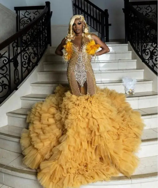 Hermosos vestidos de fiesta de sirena con cuello transparente, apliques de encaje, volantes de cuentas, cola, vestidos de noche sin espalda, vestidos de fiesta formales para mujer
