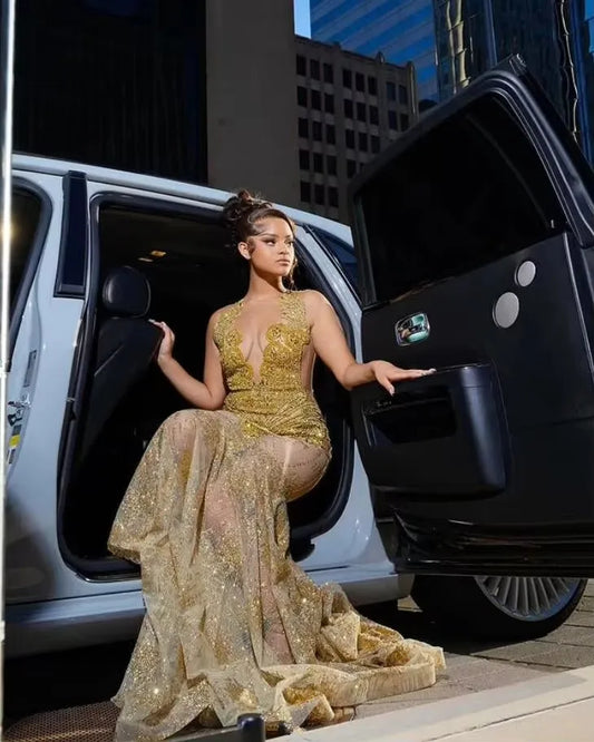 Vestidos de fiesta largos de sirena con brillantes dorados 2025, vestidos de fiesta de lujo con diamantes de imitación transparentes, vestidos de fiesta de cumpleaños personalizados