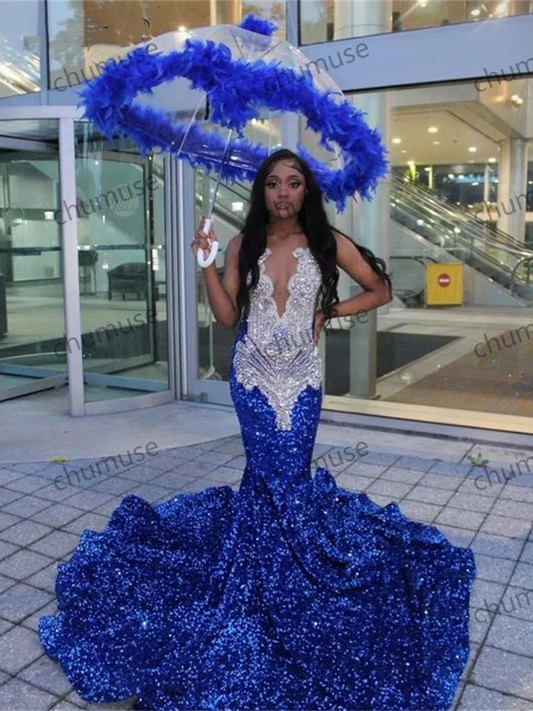 Vestido de baile azul royal com miçangas, cristais, strass e lantejoulas para festa de aniversário 