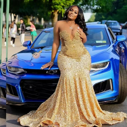 Robe de bal sirène à paillettes dorées personnalisées 2025 pour filles noires, robe de soirée de gala ornée de strass et de perles
