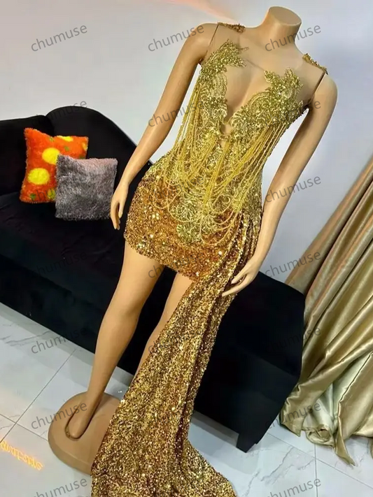 Vestidos de fiesta cortos personalizados con lentejuelas doradas brillantes para niñas, con cuello en V y apliques de encaje y cuentas.