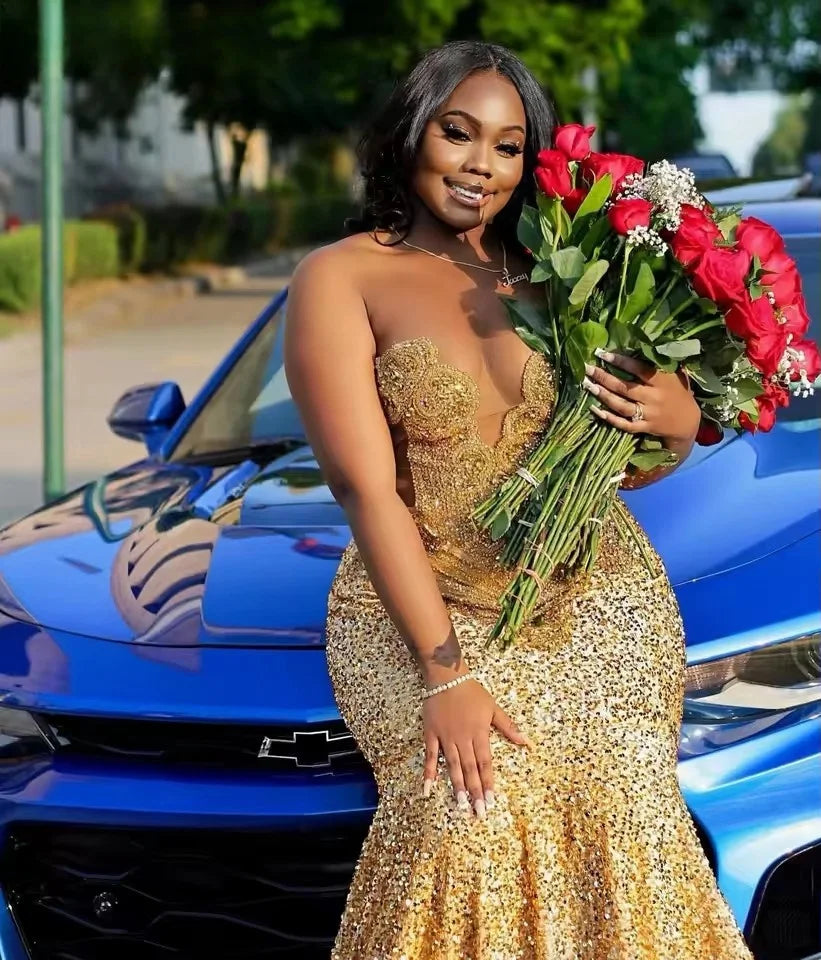 Robe de bal sirène à paillettes dorées personnalisées 2025 pour filles noires, robe de soirée de gala ornée de strass et de perles