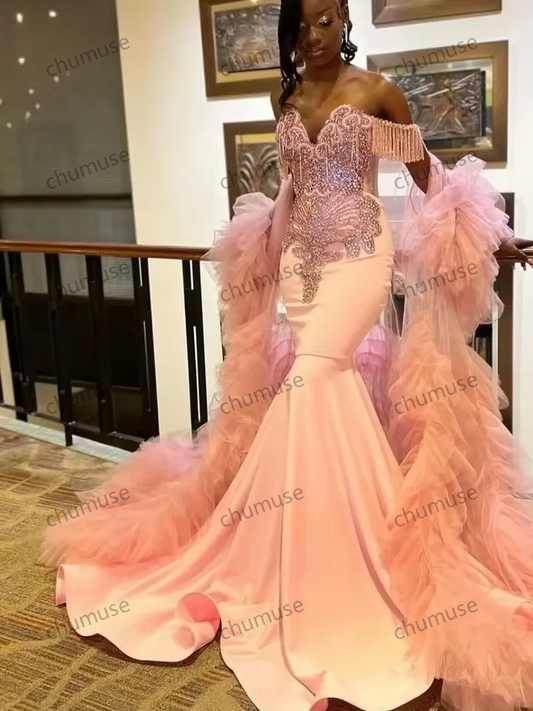 Vestido longo de baile rosa personalizado para meninas negras, vestido de festa de aniversário com sereia e cristais, capa e vestido de noite