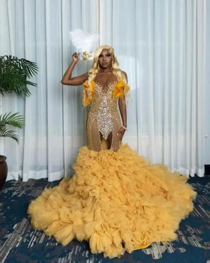 Hermosos vestidos de fiesta de sirena con cuello transparente, apliques de encaje, volantes de cuentas, cola, vestidos de noche sin espalda, vestidos de fiesta formales para mujer
