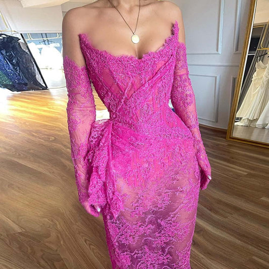 Vestidos de baile rosa choque, decote em V, sem mangas, renda, vestidos de noite, sem mangas, ilusão de alta qualidade, sexy, sereia, vestido de festa formal