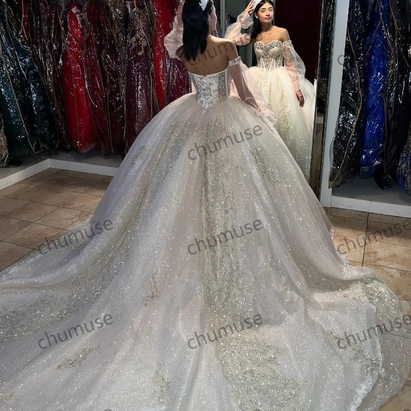 Vestidos de quinceanera com contas de cristal e manga comprida, renda, princesa Cinderela, aniversário