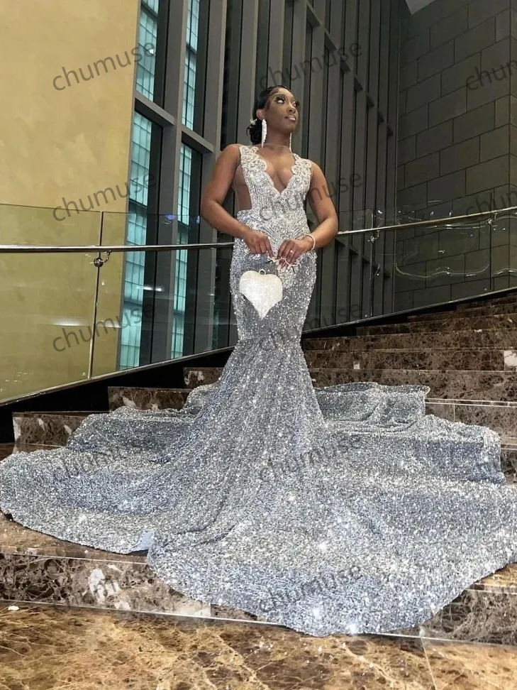 Vestido de noche con lentejuelas y sirena para fiesta de niñas negras africanas con cuentas 