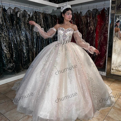 Vestidos de quinceanera com contas de cristal e manga comprida, renda, princesa Cinderela, aniversário
