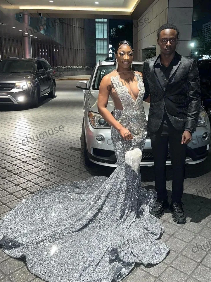 Vestido de noche con lentejuelas y sirena para fiesta de niñas negras africanas con cuentas 