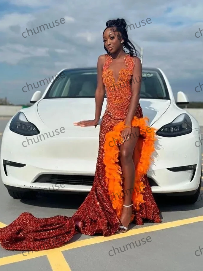 Robe de soirée longue orange scintillante pour fille noire 