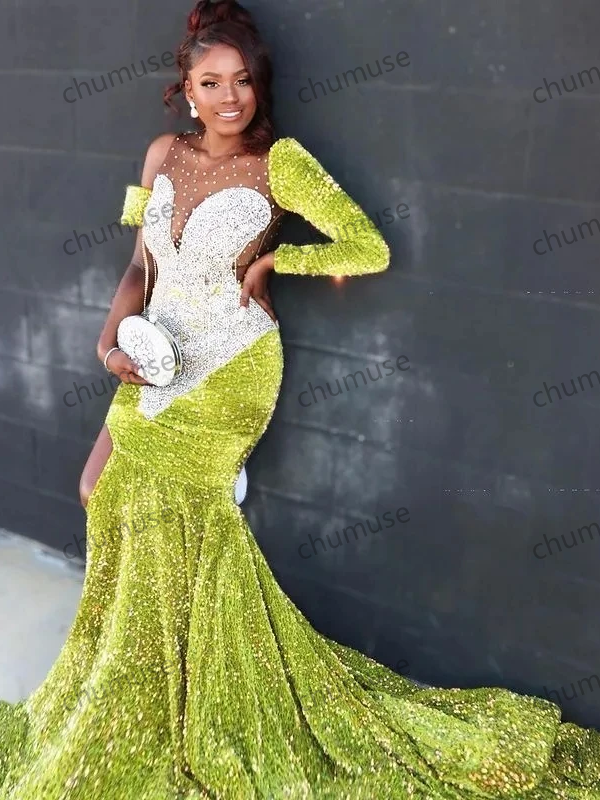 Vestidos de fiesta afroamericanos verdes con corte sirena, mangas largas, lentejuelas, vestidos de noche negros para niñas.
