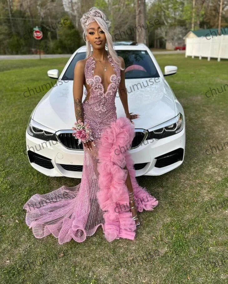 Robe de soirée longue trompette rose scintillante pour fille noire 