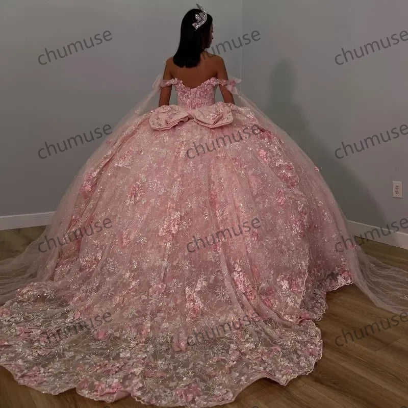 Pink Crystal Appliques 3D Flower Quinceanera Dresses Ball Gown