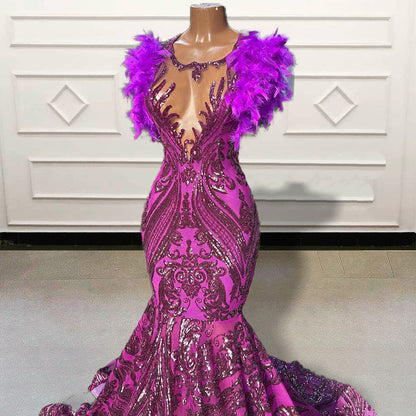 Vestidos de fiesta largos de sirena de lujo para niñas negras con lentejuelas brillantes y plumas, sin espalda, vestido de noche formal para mujer para fiesta de graduación 