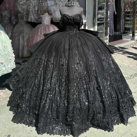 فساتين Quinceanera سوداء فستان De 15 Años مطرز بالدانتيل الكريستالي الحلو 16 فستان 