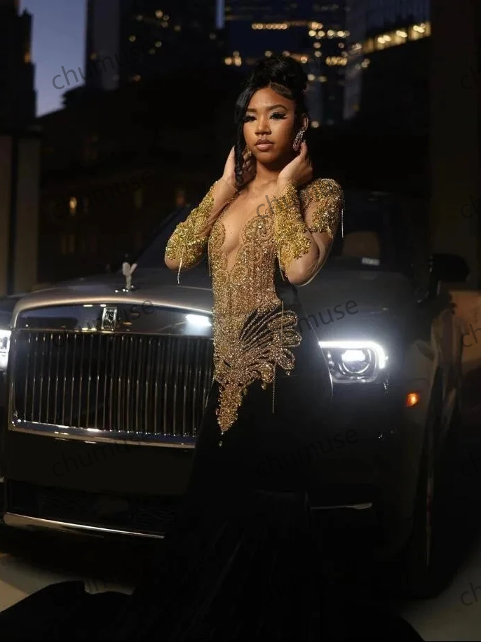 Robe de bal trompette à manches longues en velours noir 