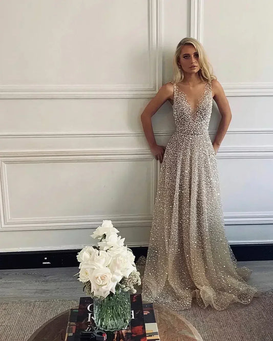 Novo padrão de vestido formal de festa com lantejoulas, sexy, sem mangas, decote profundo, vestido longo de lantejoulas, justo, elegante, vestido de baile