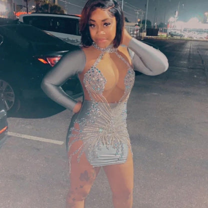 Robe de bal courte à paillettes et perles de cristal, robe de cocktail sexy en maille transparente à manches longues pour filles, pour fête d'anniversaire