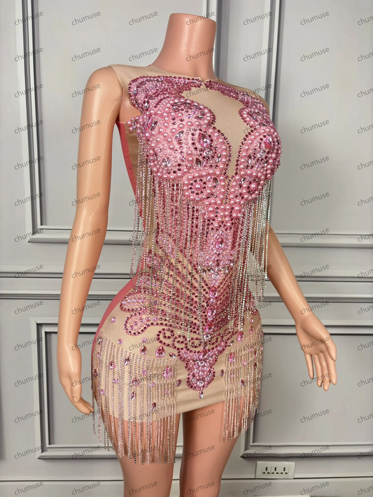 Vestidos de baile curtos de strass rosa luxuosos, malha transparente sexy, miçangas de diamante 