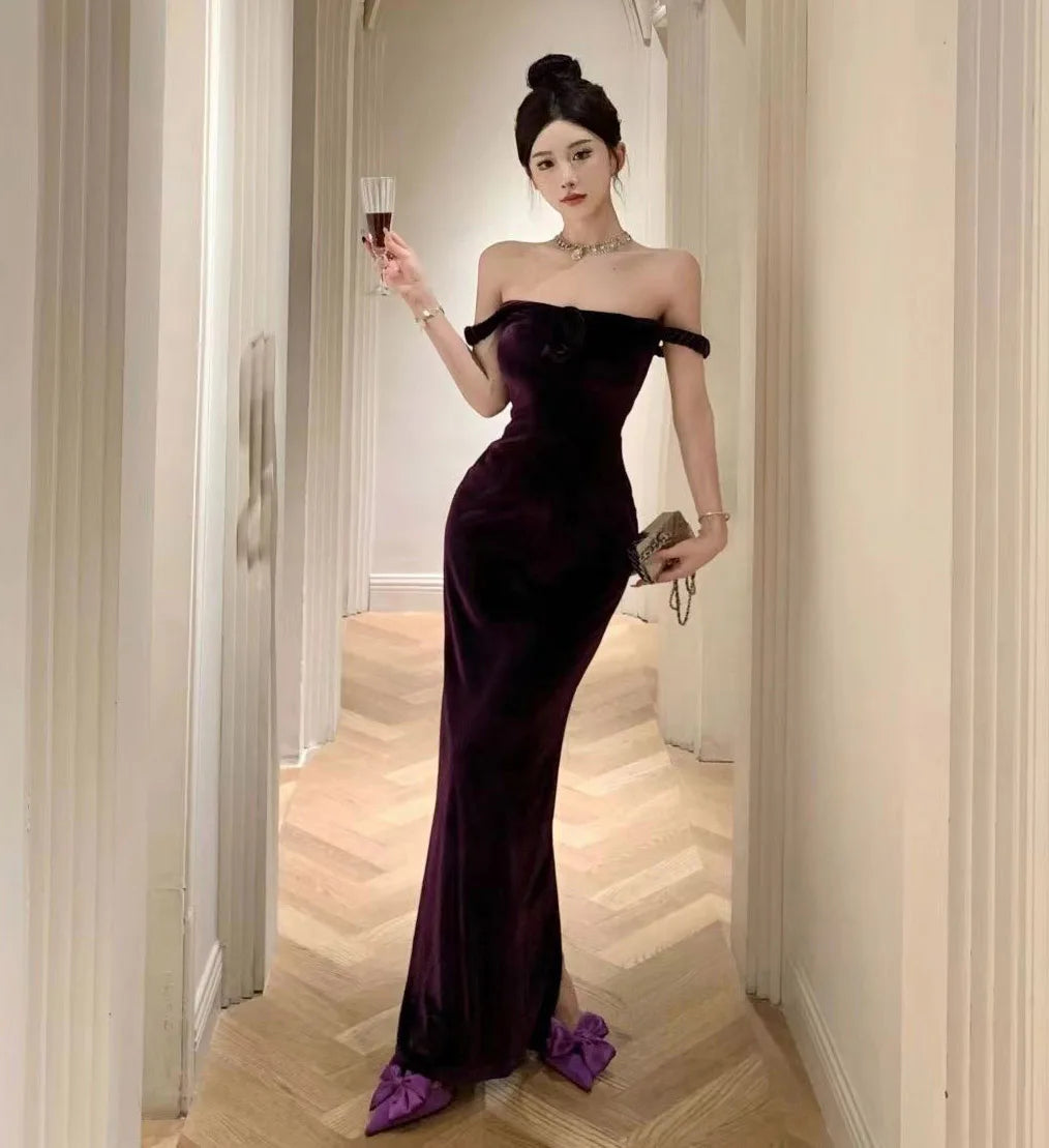 Robe longue une pièce en velours sans manches, robe violette élégante pour femme, robe de soirée longue