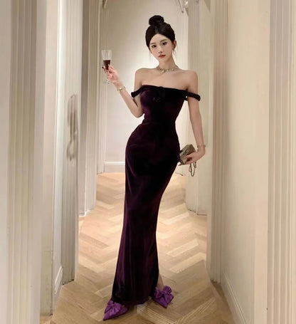 Robe longue une pièce en velours sans manches, robe violette élégante pour femme, robe de soirée longue