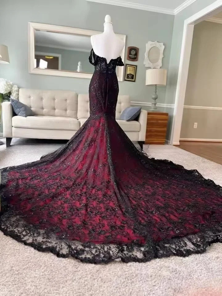 Robe de mariée gothique classique noire et rouge, vintage, en dentelle, avec appliques, sexy, plissée, à volants, cape détachable, pour occasions spéciales, personnalisée