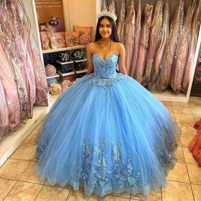 Vestidos de quinceañera de princesa con apliques de tul brillante y cola de corte para mascarada, vestidos de cumpleaños de Cenicienta.