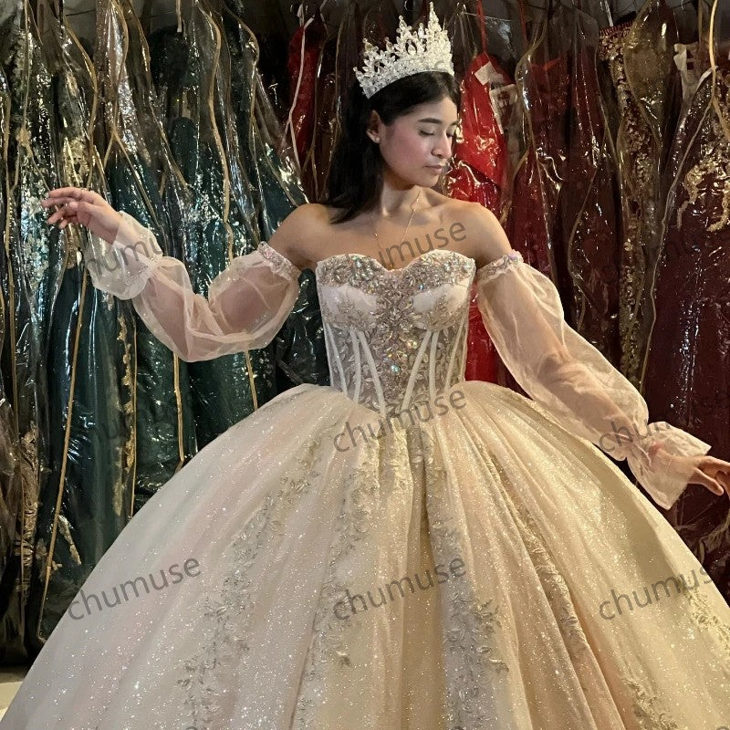 Vestidos de quinceanera com contas de cristal e manga comprida, renda, princesa Cinderela, aniversário