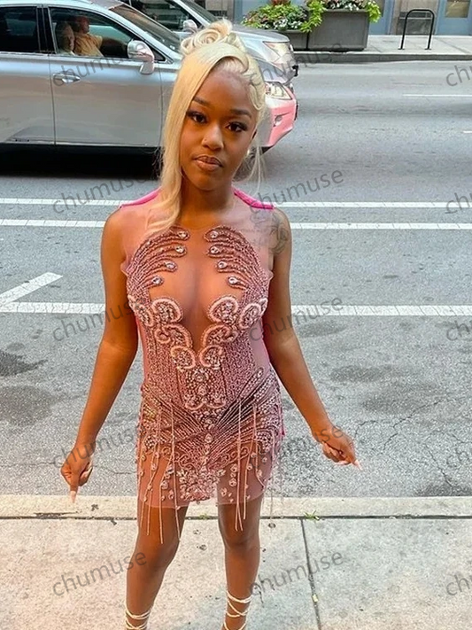 Vestidos curtos de baile rosa transparentes com strass, vestidos pretos para meninas, vestidos de festa de aniversário com contas, vestidos africanos para coquetel, baile de formatura personalizado