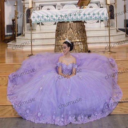 Vestidos de quinceanera lilás com apliques 3D para festa de 16 anos com cadarço e laço grande para festa de aniversário 