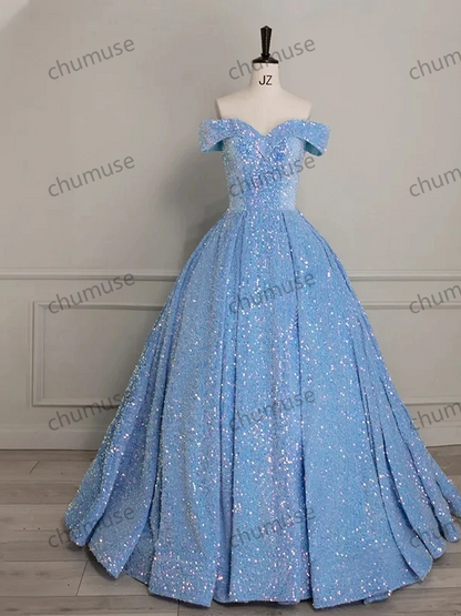 Vestido de noche personalizado de manga corta con lentejuelas, vestido de fiesta, cuello barco, con cordones, largo hasta el suelo, azul cielo, vestidos formales de fiesta para mujer