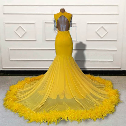 Vestidos longos de baile de sereia com penas e contas para meninas negras, para festa de formatura, luxuosos, amarelos, personalizados, para noite formal 