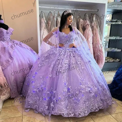 Vestidos de princesa lilás lavanda para 15 anos, capa bufante, com cadarço, para festa de 15 anos 