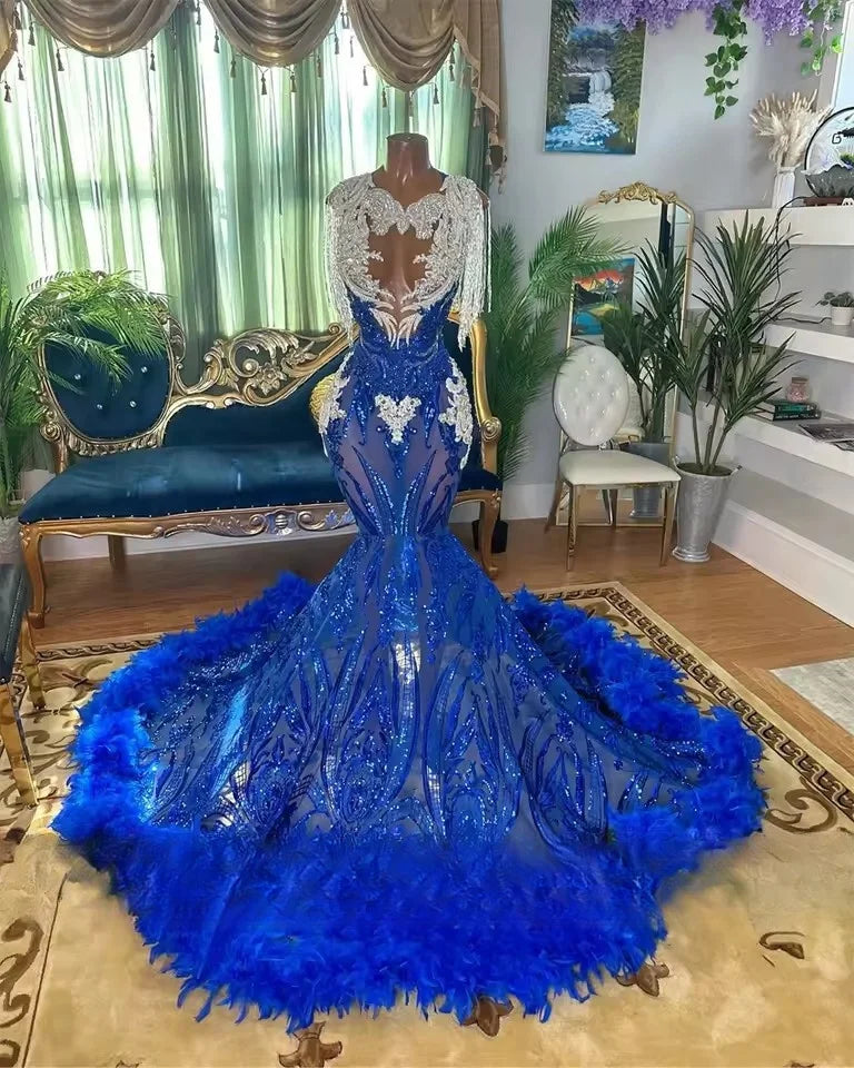 Robes de bal bleu royal 2025, robe à paillettes en cristal pour filles noires, robes de fête d'anniversaire à pierres précieuses pour filles noires personnalisées