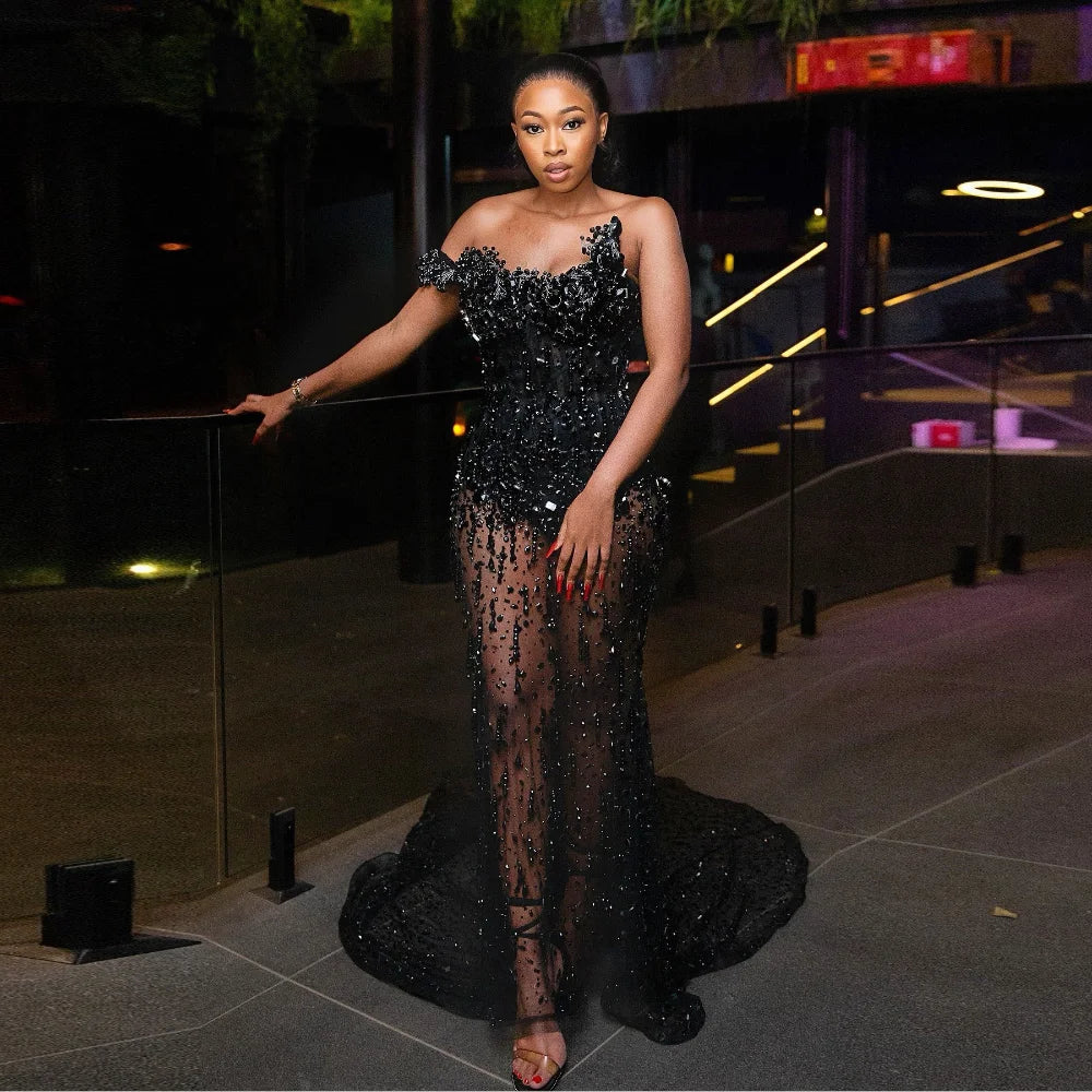 Robe de soirée longue noire luxueuse et brillante, robe de mariée sirène transparente et sexy, avec perles et cristaux
