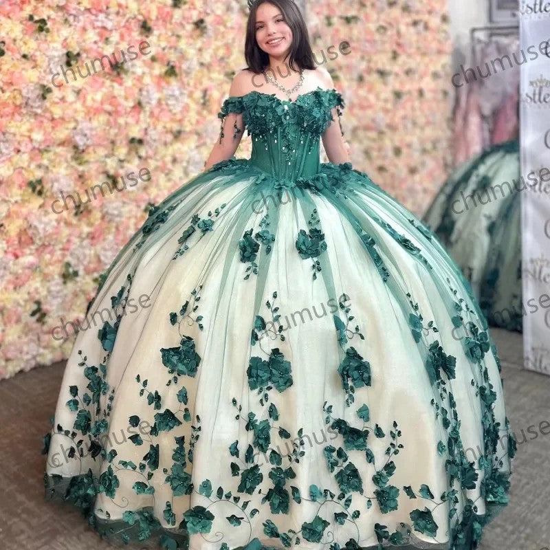 Vestidos de quinceanera verde ombro a ombro com tule, flores 3D, miçangas, concurso de beleza, aniversário 