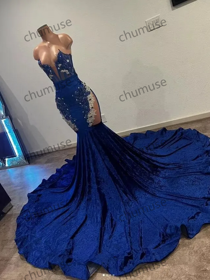 Vestido de fiesta africano de sirena azul para mujer, personalizado, de lujo, con cuentas transparentes 