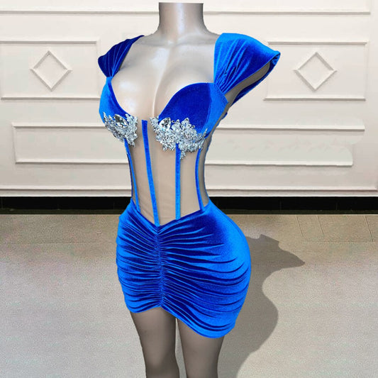 Custom Made Velvet Short Prom Dresses for Birthday Party 2023 Sexy See Through Beaded Crystal Blue Mini Cocktail Gowns